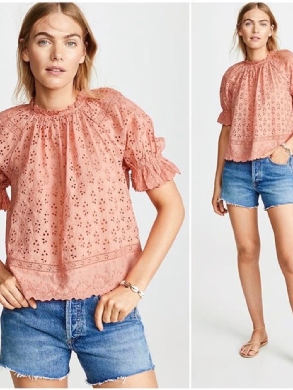 Ulla Johnson Fern Eyelet Puff Sleeve Blouse Coral size 0